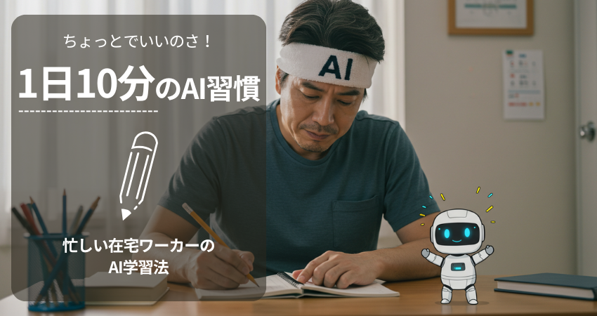AI学習している在宅ワーカーの横にAIロボットが寄り添うイラスト。AI初心者が1日10分から無理なくAIを学ぶイメージ。