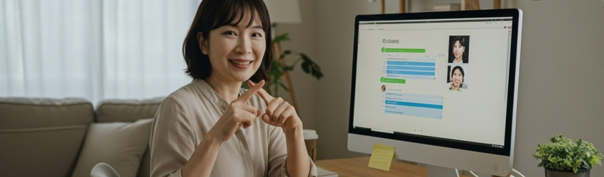 AIに安易に入力してはいけない情報をイメージし、女性が指でバツしている。