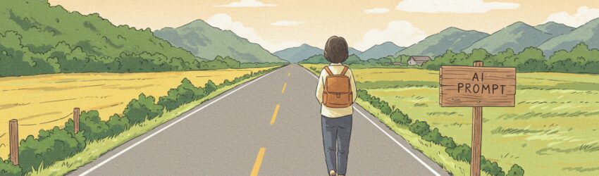 気軽に、AIとの対話を試してみようということで、AIプロンプトの道を進む女性画像