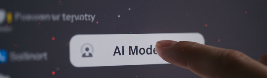AIモードを始めるために「AIモード」ボタンを押そうとしている。