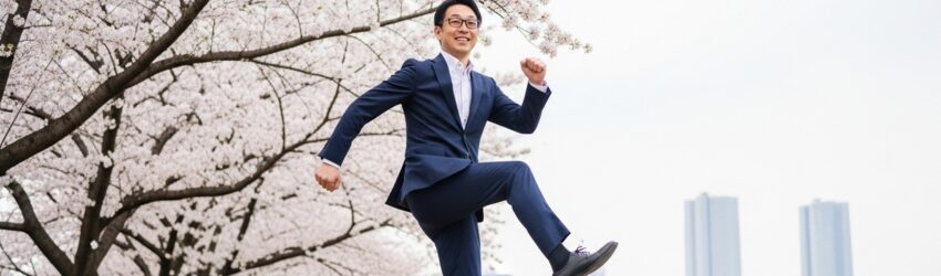 「おじさん、AIに出会う」は、最高の再スタートだった。気分が晴れやかで桜の下、スキップしている男性