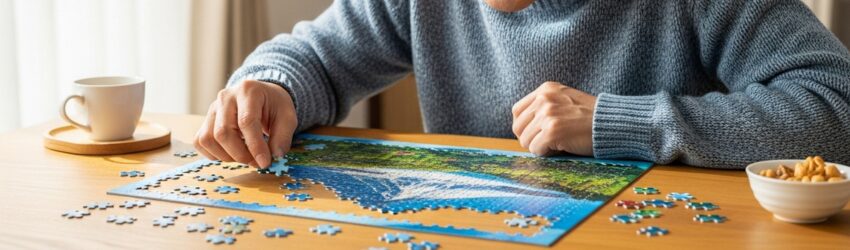 仕事効率爆上げ！「プロンプトチェーン」実践テクニック
パズルを組み合わせ楽しむ男性。プロンプトをパズルに見立てたシーン。