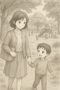 ChatGPTで作った、公園を歩くお母さんと幼い男の子のイラスト。