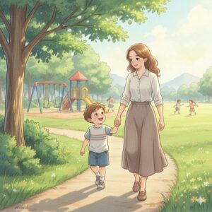 Geminiで作った、公園を歩くお母さんと幼い男の子のイラスト。カラーのイラストになっている。