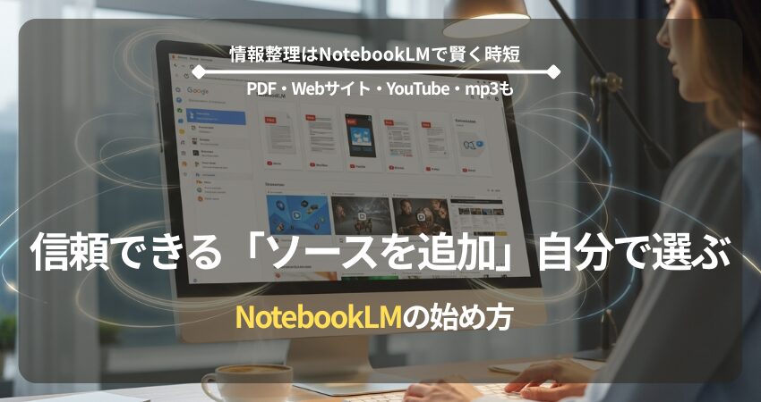 【1分完了】NotebookLMの始め方と設定方法を解説するアイキャッチ画像。PC画面上にNotebookLMのインターフェースが表示され、PDFやYouTube、Webサイトの情報がAIによって整理されている様子を表現